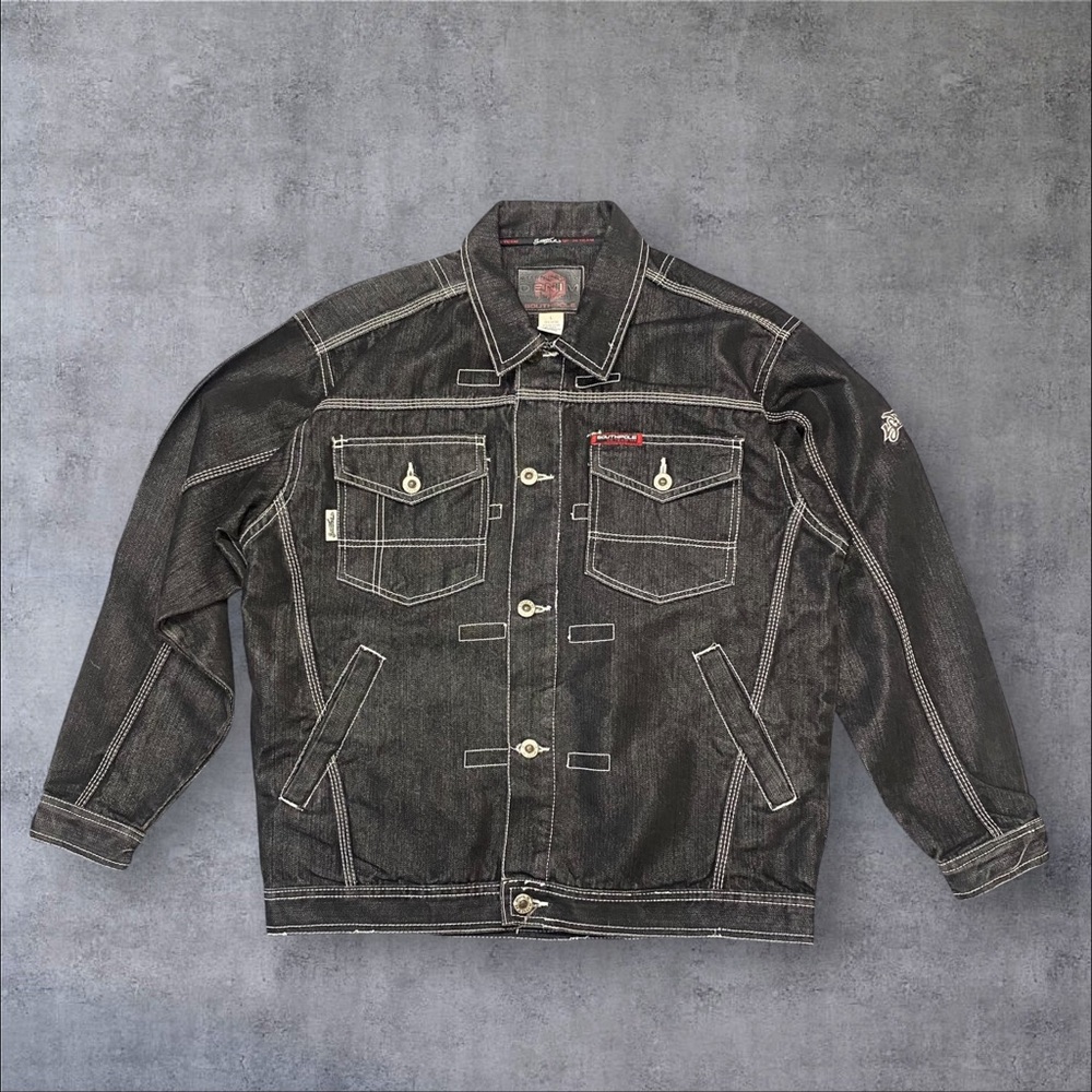 Vintage Y2K South Pole Black Denim with white stitching jacket Size Large
